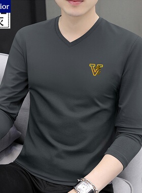 高端纯棉长袖T恤男2025春秋新款高品质时尚潮流休闲V领修身打底衫