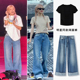 Rose朴彩英同款 子 垂感高级感宽松拖地裤 复古卷边阔腿牛仔裤 女秋季