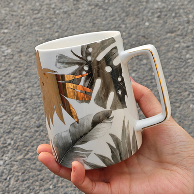 食魔师植物叶子图案陶瓷马克杯尾货清仓处理金边装饰咖啡杯 430ML