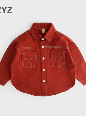 LZYZ童装儿童衬衫红色男童衬衣小童宝宝上衣2023春秋新款春装纯棉