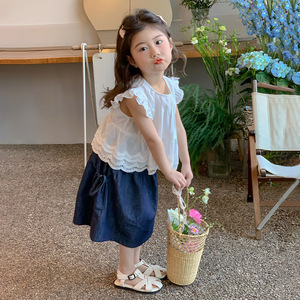 女童夏季套装2026新款中小童夏装蕾丝花边小飞袖两件套儿童装衣服