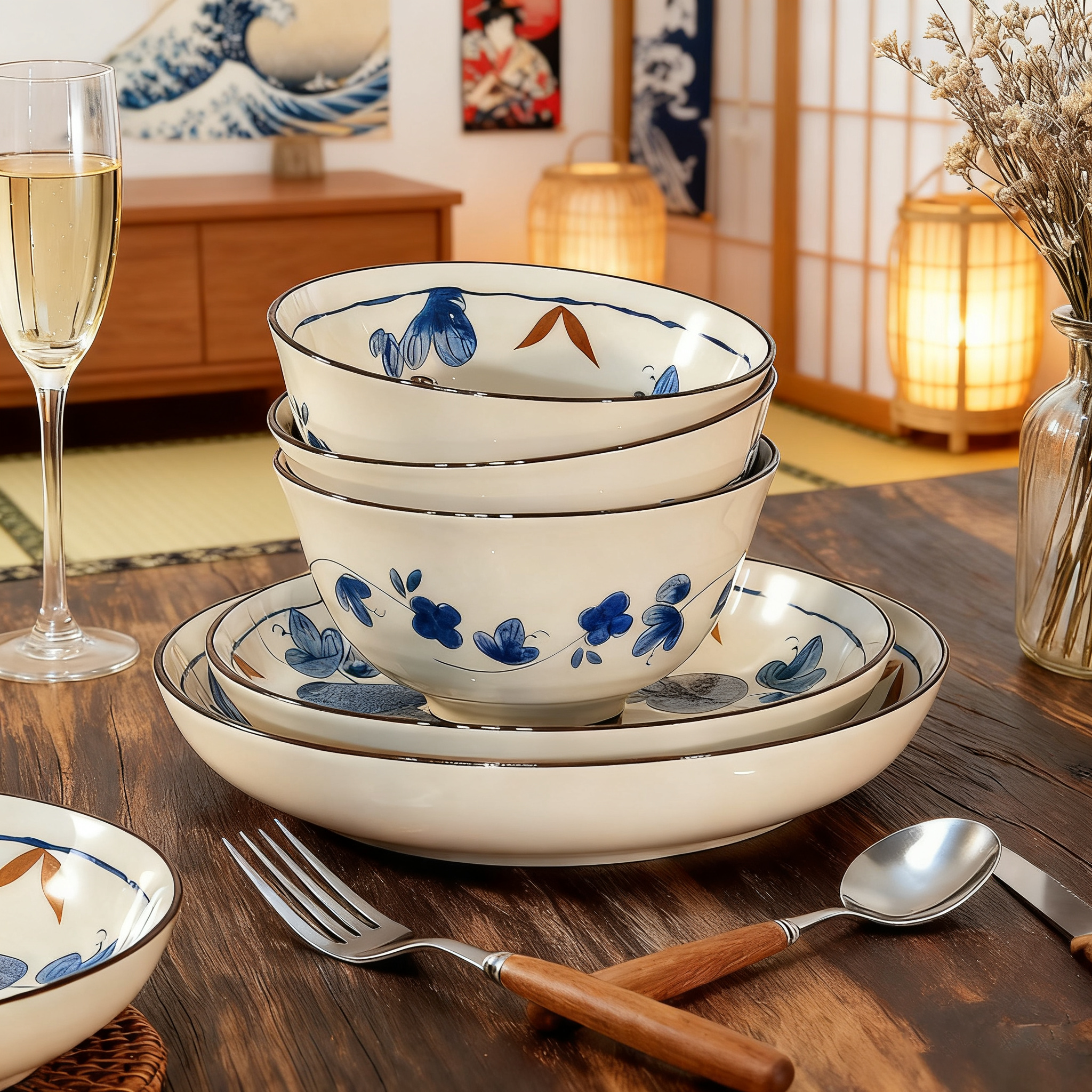 雅诚德日式复古陶瓷餐具家用釉下彩高颜值碗碟套装菜盘汤碗米饭碗,餐饮具,碗,淘宝优惠券,粉丝福利购,淘宝优惠卷