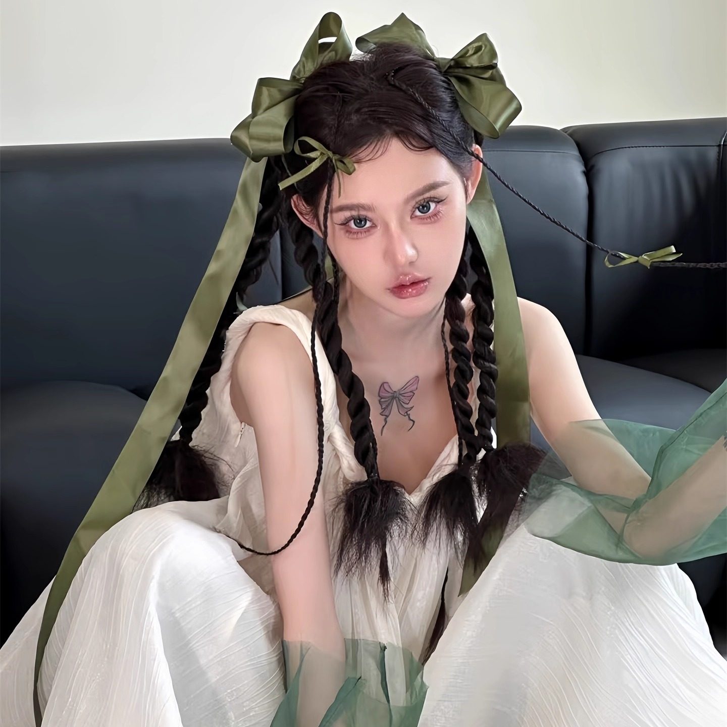 森系超大蝴蝶结发卡麻花辫发饰超长飘带发夹刘海小边夹一对侧边女