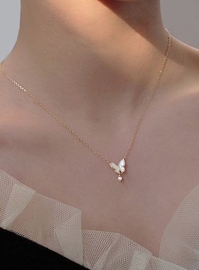 奥特莱斯撤柜清仓捡漏18K金蝴蝶项链闪钻圆珠流苏吊坠锁骨链女