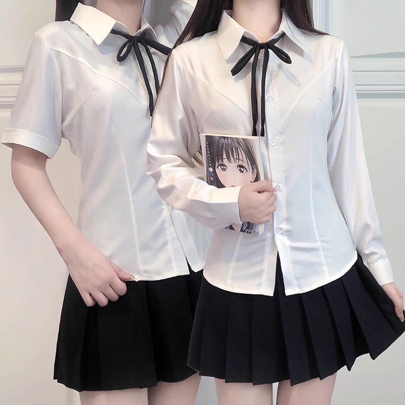 原创jk制服收腰衬衫短袖长袖纯欲风纯色辣妹修身显瘦白衬衣套装女