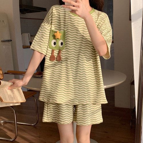 浪莎夏季纯棉卡通短袖睡衣女套装