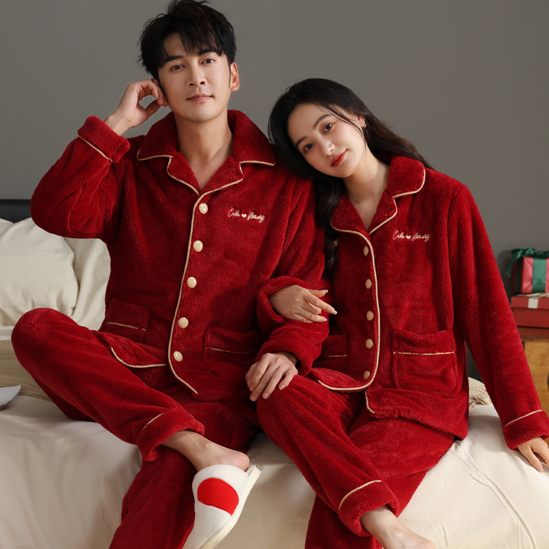 浪莎情侣睡衣冬季珊瑚绒红色套装