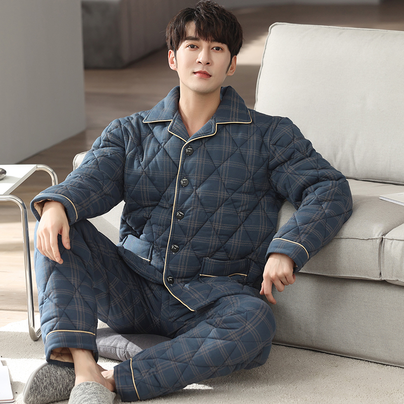 浪莎睡衣男纯棉夹棉三层加厚套装