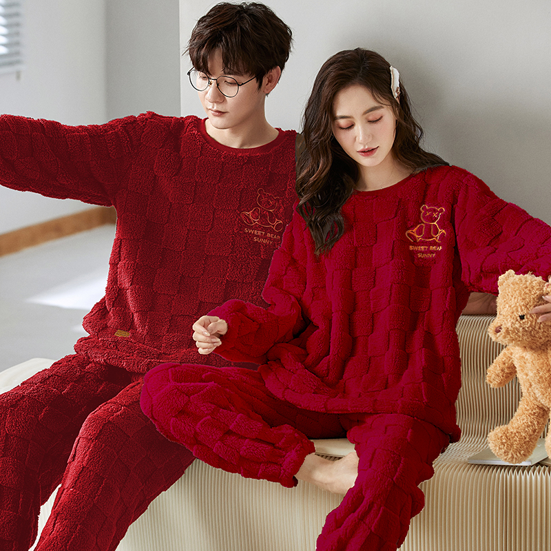 浪莎2025年新款冬季结婚情侣睡衣加厚珊瑚绒红色本命年男女家居服