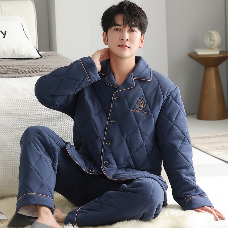 浪莎睡衣男纯棉三层夹棉长袖套装