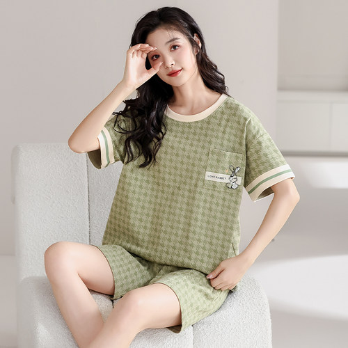 浪莎夏季纯棉短袖短裤睡衣女套装