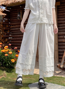日系少女三层花边裤纯色蕾丝拼接叠穿直筒裤春秋季宽松衬裙裤长裤