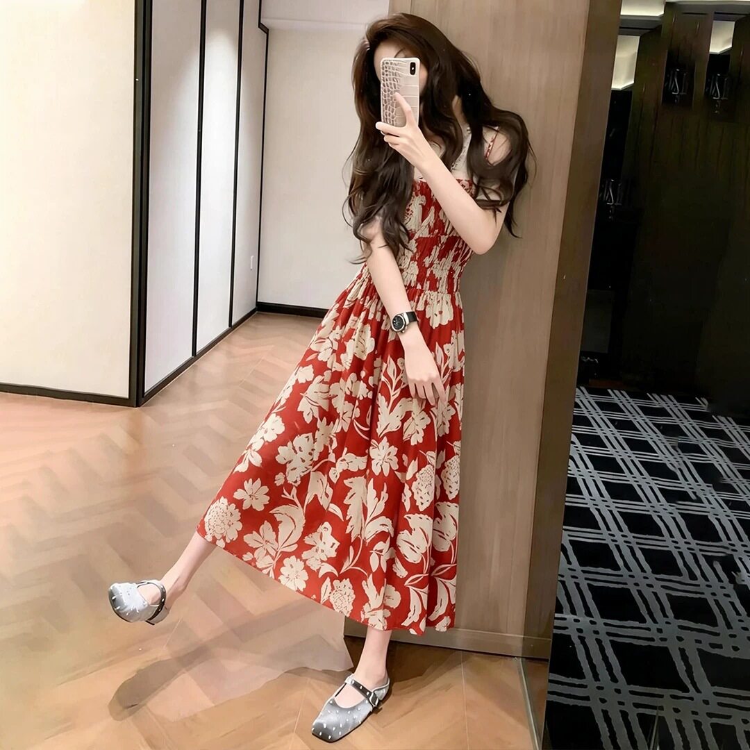法式红色碎花吊带连衣裙子女夏季连衣裙