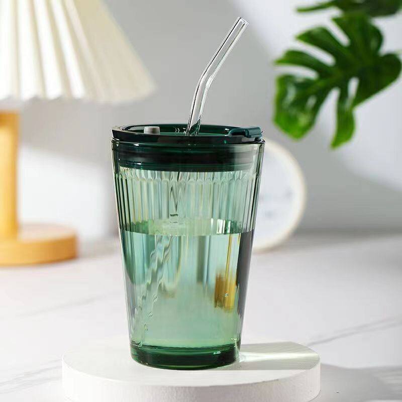 高颜值ins风 玻璃水杯加盖吸管杯女生夏季网红办公室咖啡杯大容量