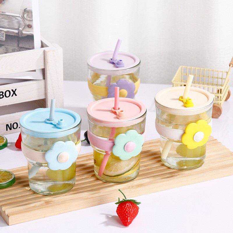 简约ins 风花朵杯玻璃水杯子女生高颜值随手杯牛奶咖啡吸管随行杯
