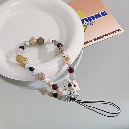 可爱卡通咖色珠珠手机挂链设计串链手机壳通用绳链挂件钥匙扣定制