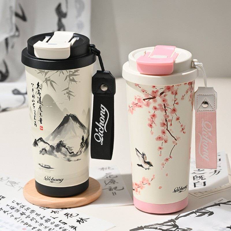 中国风双饮咖啡保温杯茶水分离陶瓷内胆吸管杯带茶仓办公车载水杯