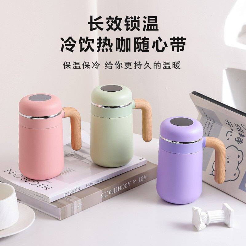 新款316不锈钢智能保温杯家用简约显温水杯高颜值木纹手柄办公杯