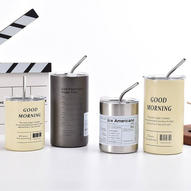 简约时尚美式拿铁咖啡杯创意不锈钢保温杯男女情侣吸管随手杯