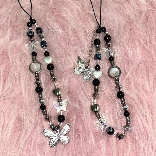 原创自制日韩辣妹蝴蝶黑白手机链ccd相机小众串珠挂绳链条美定制