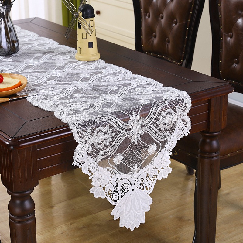 欧式布艺餐桌布桌旗 橱柜钢琴多用盖布白色刺绣40*180cm定制