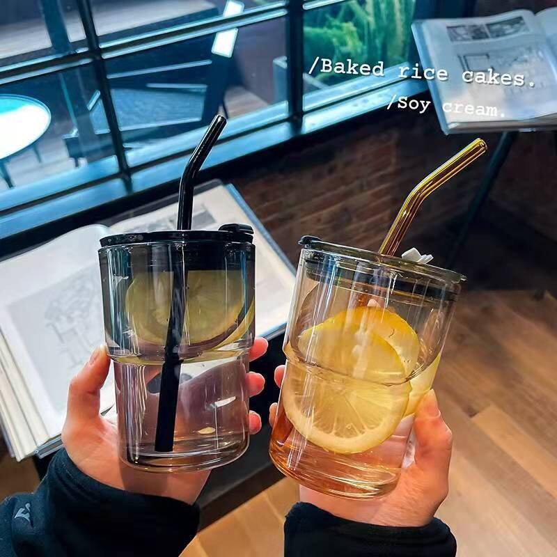 简约玻璃杯吸管式带盖便携水杯子ins风带盖女生高颜值家用大容量