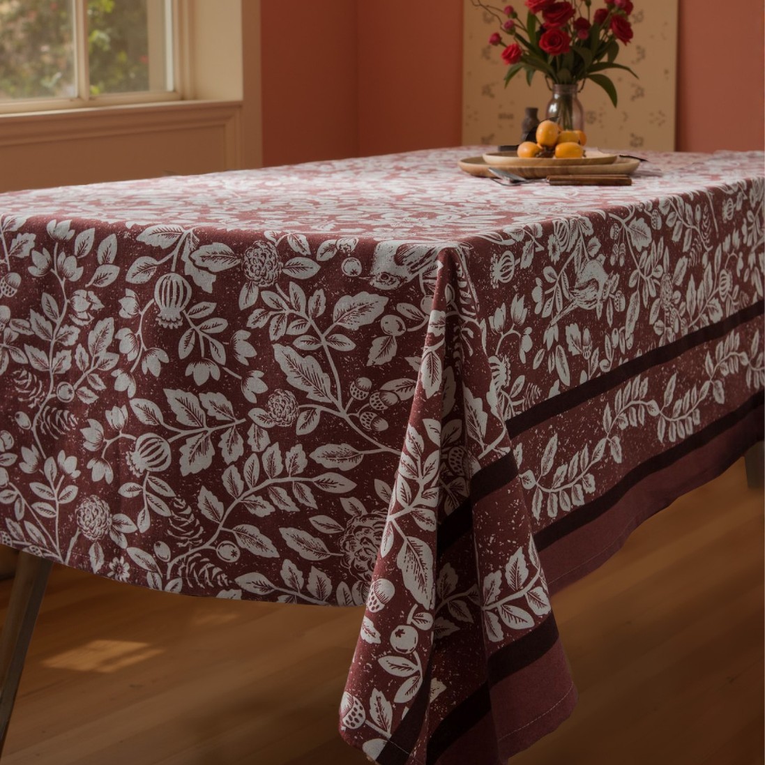 伊缦琪韵植物花鸟桌布美式乡村餐桌布仿棉麻布艺橘色印花长方定制