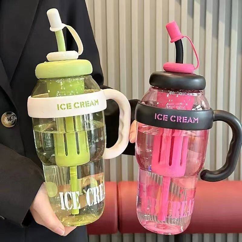 网红花茶冰霸杯高颜值女生塑料杯巨无霸水杯带吸管大肚杯茶漏杯子