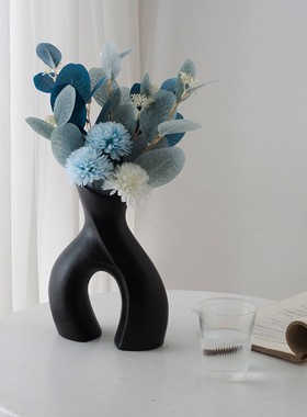 北欧简约黑白陶瓷花瓶客厅干花插花家居饰品摆设几何抽象艺术定制