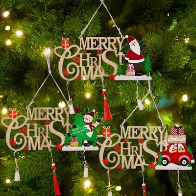 新品圣诞装饰木质镂空流苏字母牌MERRY CHRISTMAS圣诞树挂件定制