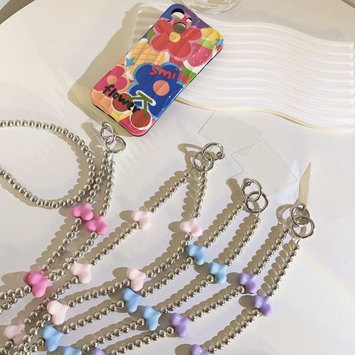 ins简约小爱心珠珠斜跨加长挂脖链手机壳diy色肩带式手机挂绳定制