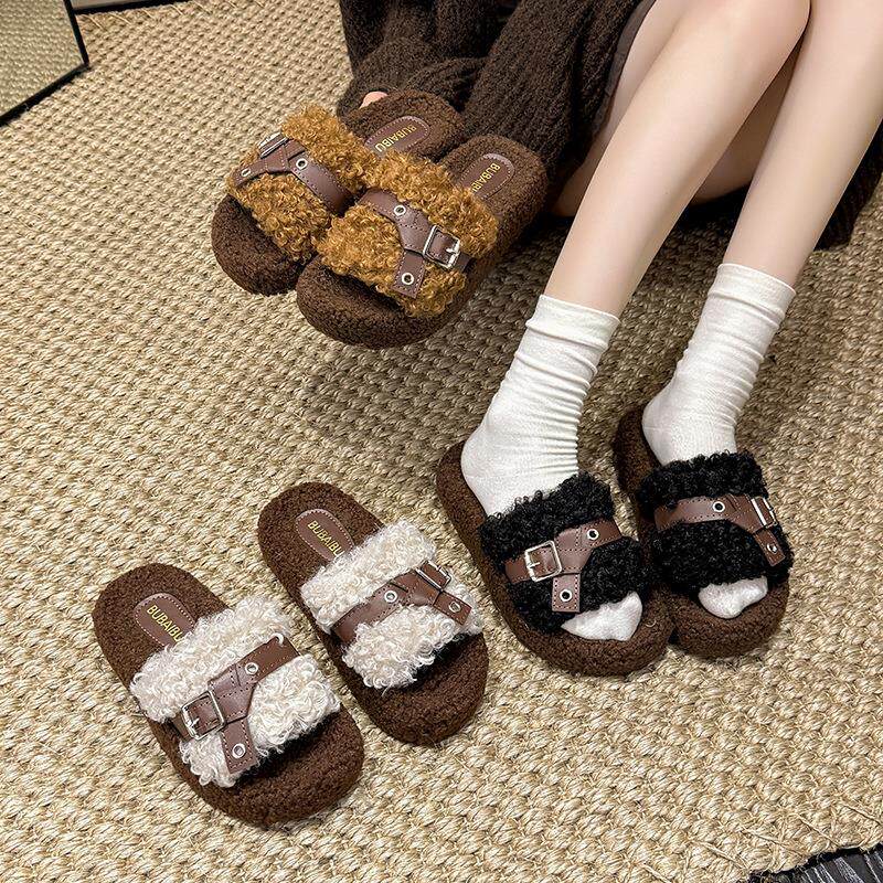 泰迪卷厚底毛毛拖鞋外穿新款秋冬皮带扣居家毛绒棉拖鞋女懒人鞋