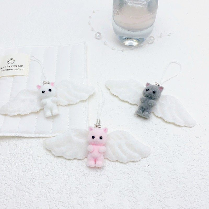 可爱天使植绒猫咪手机链挂件三色系甜美少女心包包手机挂饰批定制