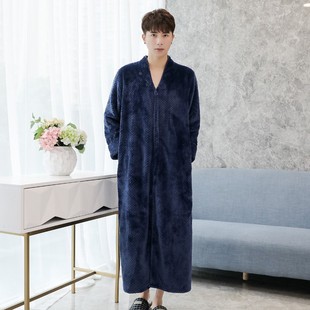 秋冬法兰绒男士睡袍珊瑚绒拉链情侣浴袍男加肥加大浴衣男保暖定制
