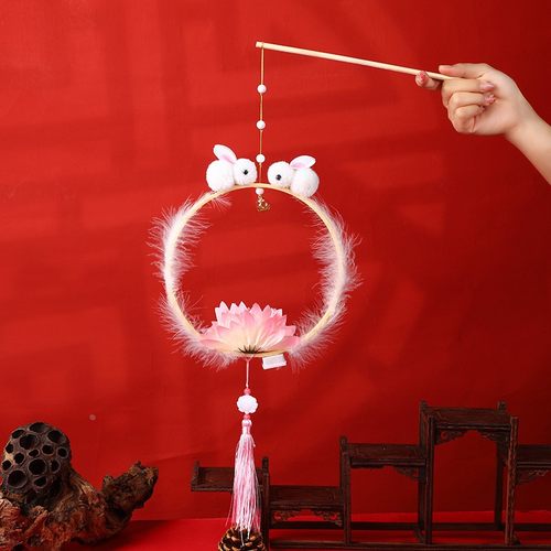 新年春节兔年灯笼 中国风兔子手提花灯 玉兔荷花灯笼挂饰diy定制