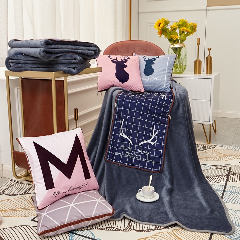 加厚保暖法莱绒毛毯二合一法兰绒抱枕毯子定制logo空调两用毯定制