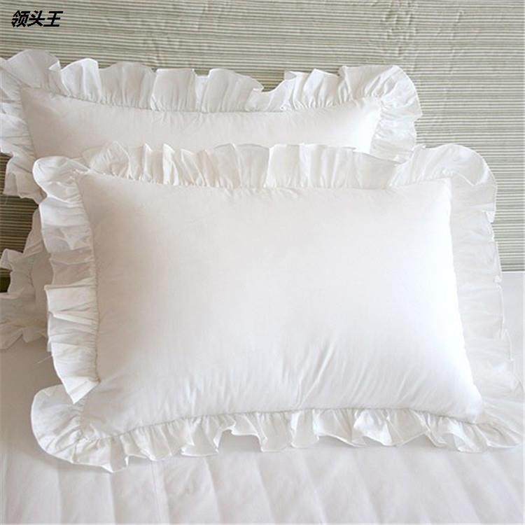 纯白色 花边枕套 素色 手工褶皱纯棉 荷叶边 全棉韩式纯色枕头套