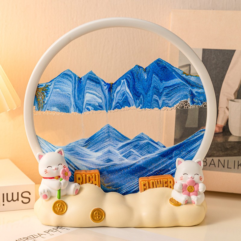 创意招财猫流沙画客厅摆件 3D立体沙漏办公室酒柜山水画装饰定制图片