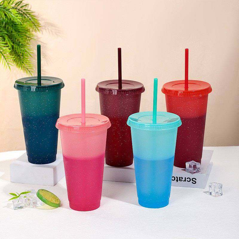 热销新款创意变色杯pp塑料吸管杯大号700ml大容量遇冷变色饮水杯