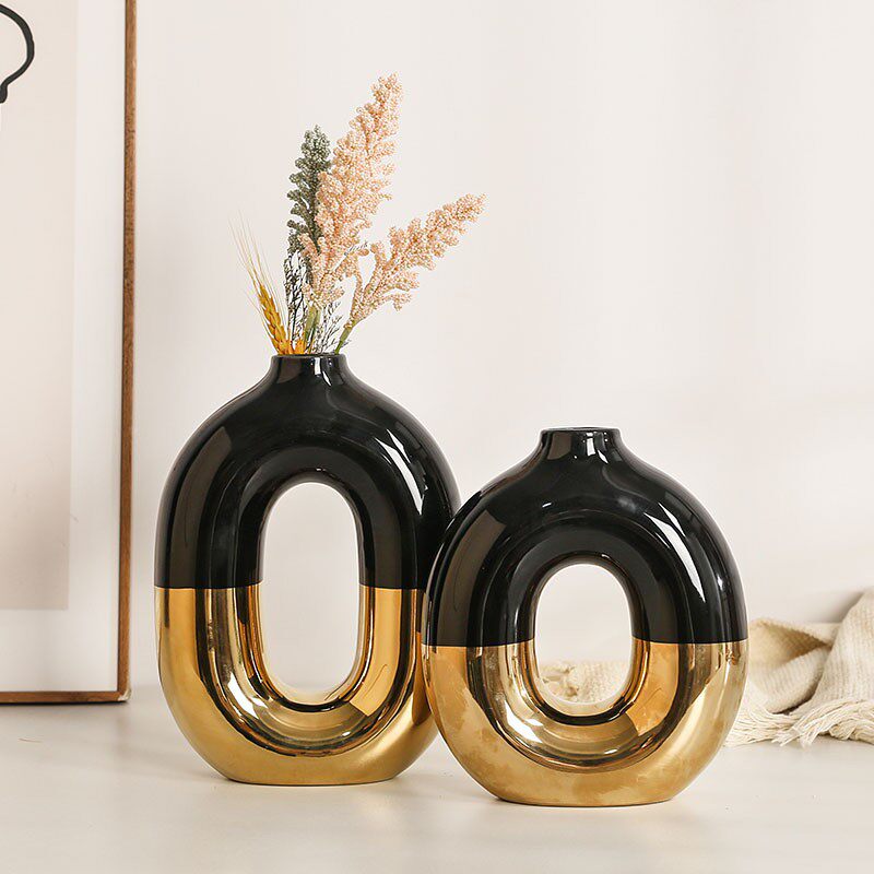 源头金边黑陶瓷花瓶现代简约花瓶家居摆件客厅花瓶定制