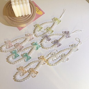 ins韩系蝴蝶结透明珠链手绳通用手机壳ccd相机串珠挂链手机挂定制