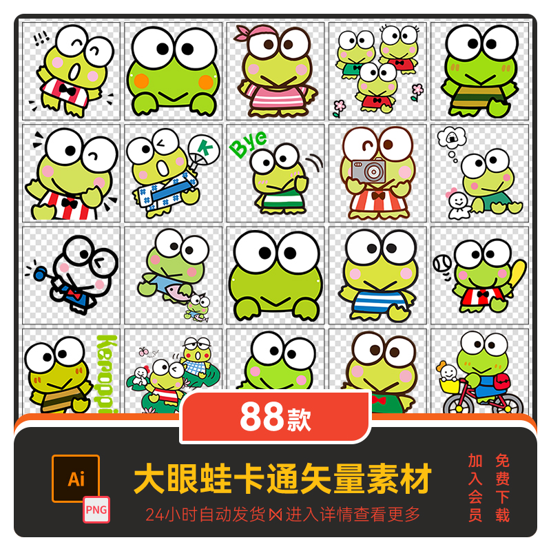 三丽鸥大眼蛙卡通AI矢量高清T恤短袖烫画印花汽车贴纸免扣PNG素材