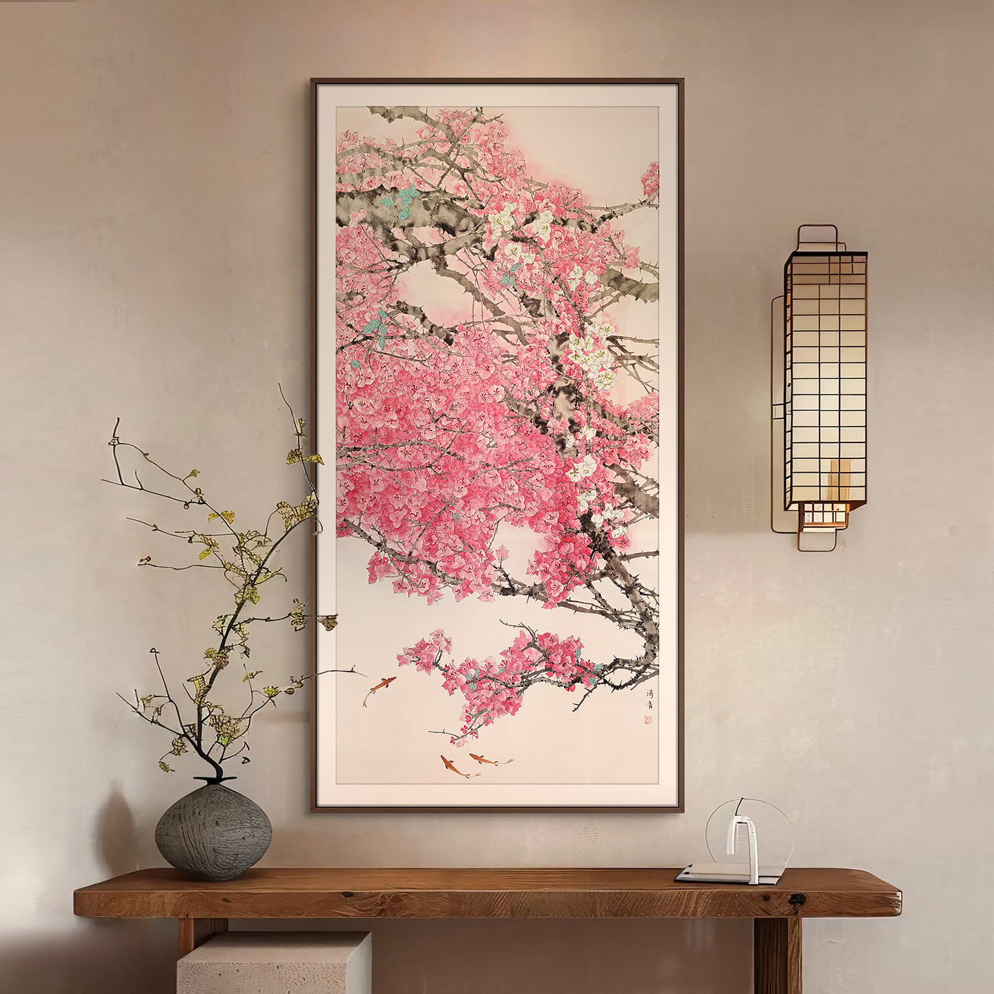 新中式桃花锦鲤竖款国风装饰画 入户玄关禅意花开富贵挂画艺术家