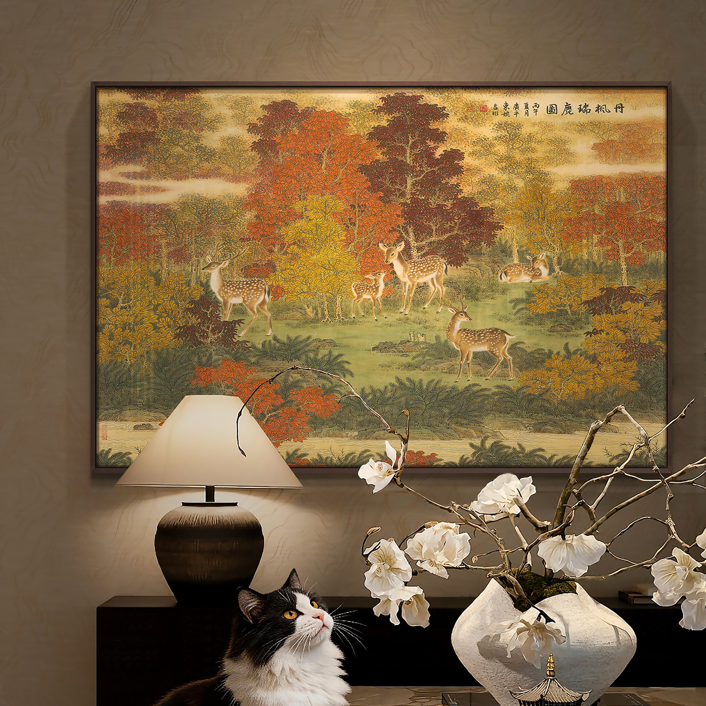 清代百鹿图仿古名画装饰画新中式客厅挂画办公室茶室复古山水壁画