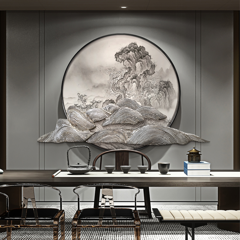 新中式入户玄关圆形背景墙装饰画实物立体画酒店餐厅走廊过道挂画