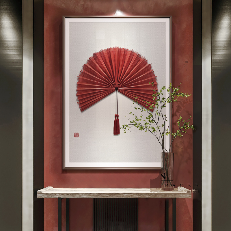 玄关装饰画轻奢艺术新中式茶室创意壁画酒店餐厅新款扇子立体挂画图片