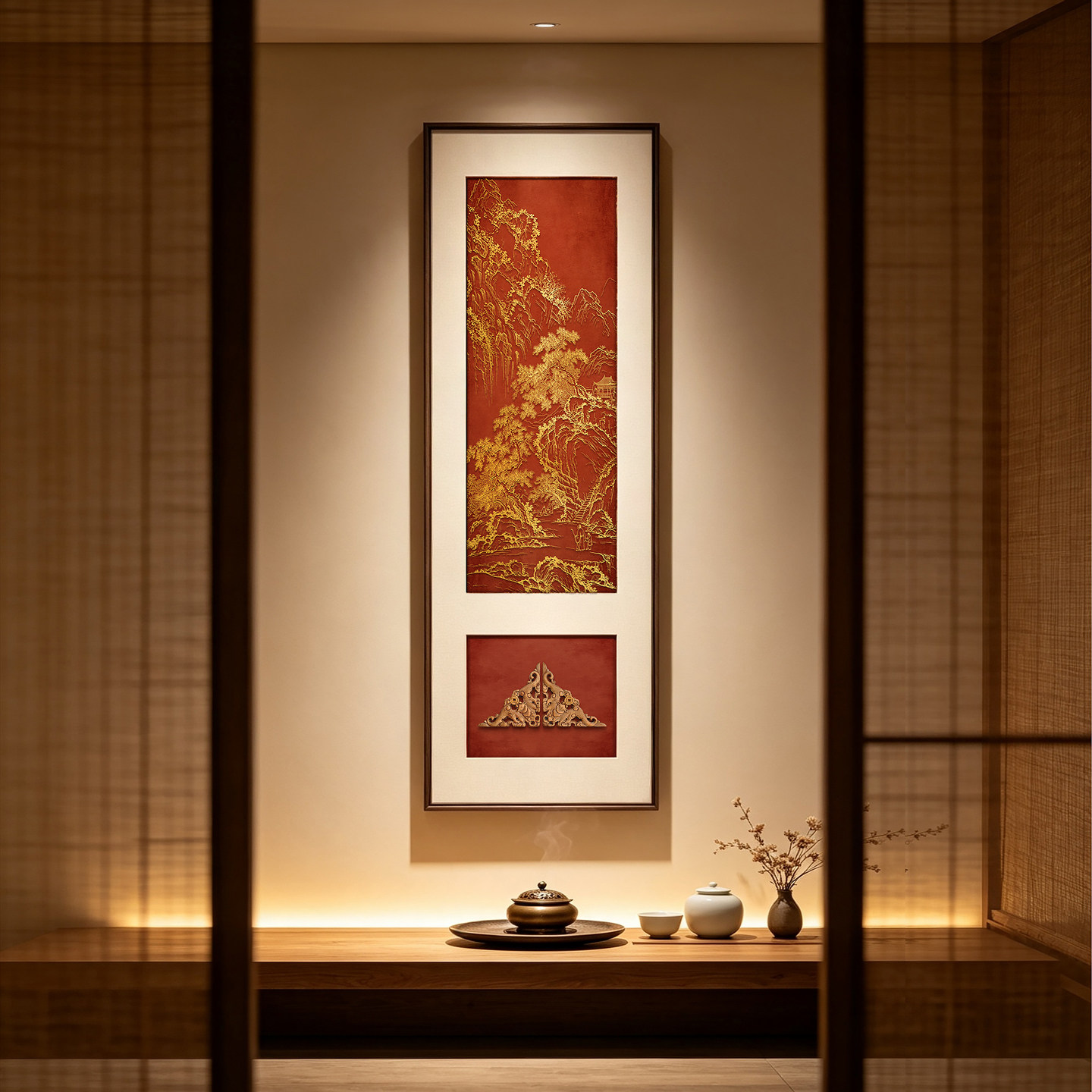 新中式山水木雕红底金纹装饰画