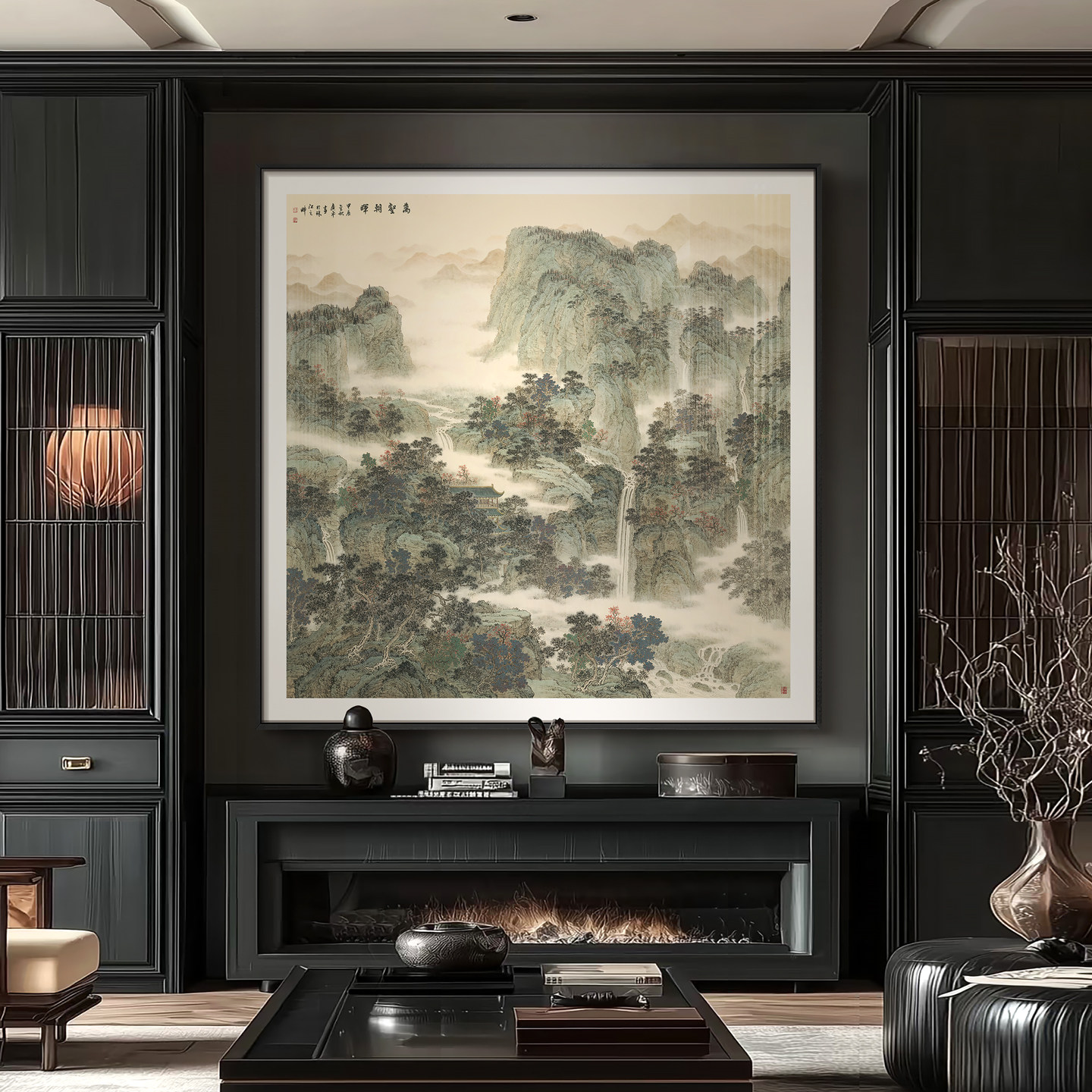 新中式山水画客厅背景装饰画古典国画瀑布树木风景画酒店大堂挂画