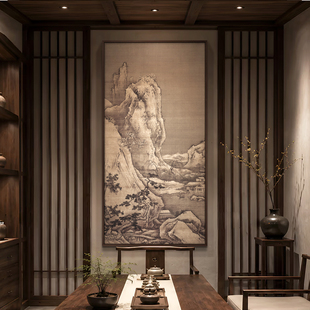 新中式玄关山水奇石装饰画中古风复古书房茶室背景墙国风意境挂画