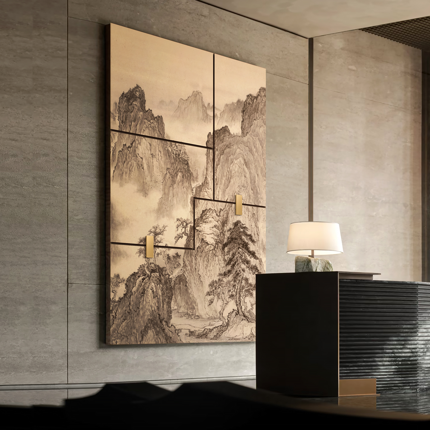 新中式酒店别墅餐厅背景装饰画溪山云峦抽象艺术挂画民宿餐馆墙画图片